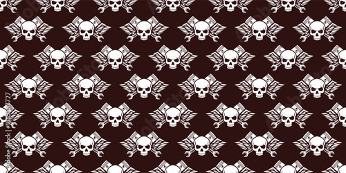 Seamless pattern with skulls, crossed engine pistons, wrenches, and wings on dark background. Vintage mechanical and biker style vector illustration for apparel and workshop branding.