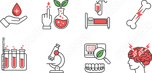 Hand drawn medical healthcare outline icons set with blood test, microscope, hospital bed, bone, brain, and dentistry symbols