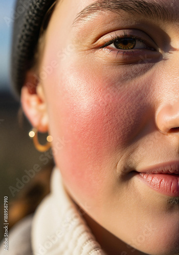 Young woman smiling softly with flushed cheeks outdoors in sunlight  