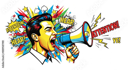 A vibrant retro pop art illustration of a man shouting into a megaphone with "ATTENTION" and "HEAR YE" text bubbles and colorful explosive graphics.
