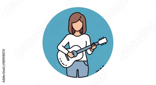 Woman playing white guitar in blue circle background illustration of musician with brown hair