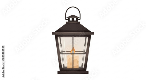 Vintage bronze lantern with lit candle inside glass panels on white background