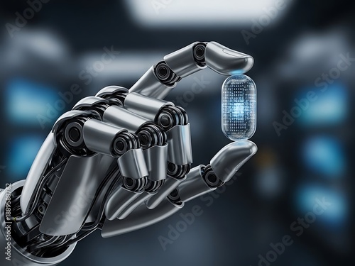 Robotic arm delicately holds a data capsule, concept future technology