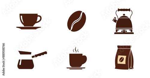 Coffee icons silhouette set isolated on black background