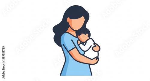 Mother holding newborn baby close loving care and nurture tender moment family bonding parental love infancy childcare warmth comfort blue shirt white onesie dark hair illustration