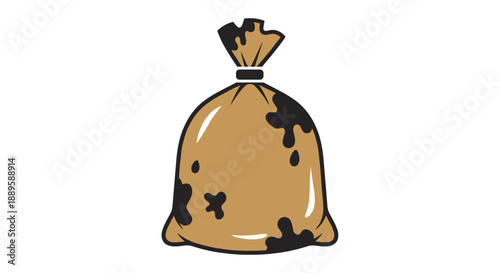 Illustration of an oily, stained bag isolated on a clean white background with a tied top and dark oil spots, creating a striking contrast