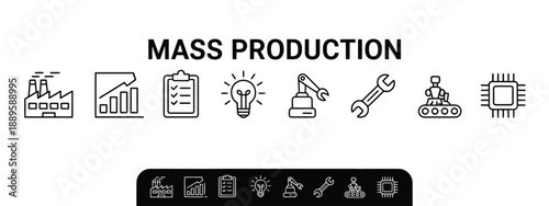 mass production concept vector illustration with factory and web icons representing efficiency standards innovation automation optimization assembly line and industrial technology systems.