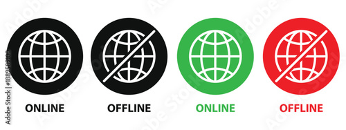 Online and Offline Internet Icons Set, red and green vector symbols including globe no signal full signal for network status graphics