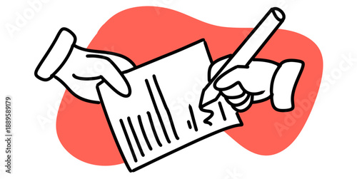 Hand signature in paper illustration icon vector for contract and agreement themes. Ideal for document verification, autograph concepts, and legal forms.