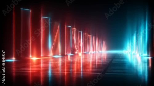 Neon corridor with vertical lights, red and blue, reflecting on a glossy surface