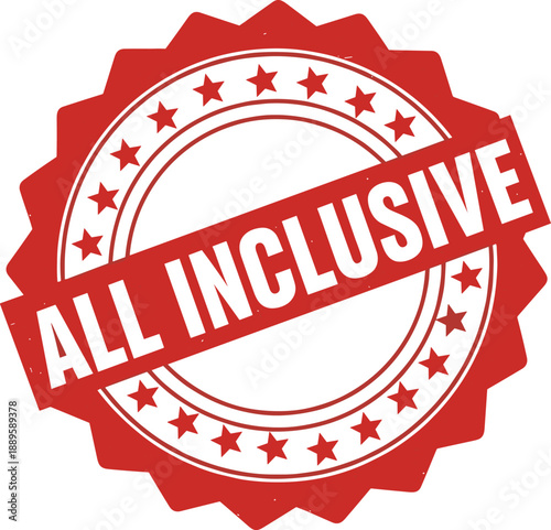 All, inclusive, stamp, badge, red, label, promotion, offer, guarantee, quality, service, hotel, travel, package, deal, sign, emblem, marketing, icon, isolated