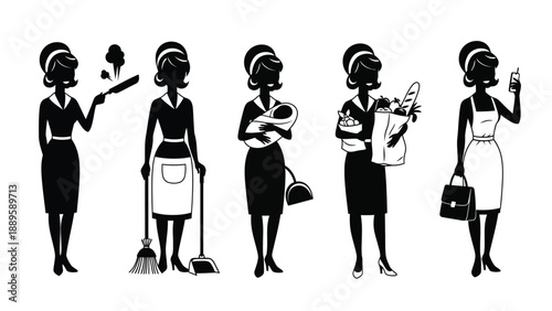 A set of silhouettes depicting a woman in various domestic roles and activities