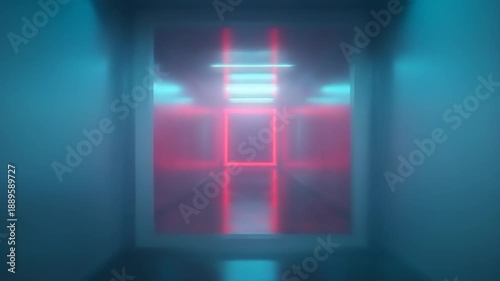 Interior view of a long hallway with neon lights and a glowing red square