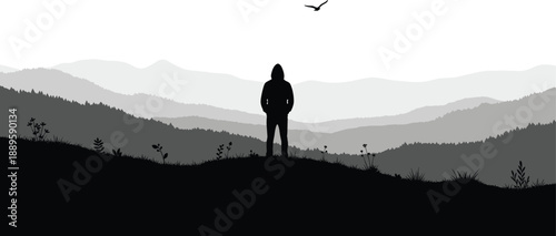 Lonely man silhouette standing on mountain landscape, freedom solitude nature travel adventure inspiration calm minimal background illustration scenery
