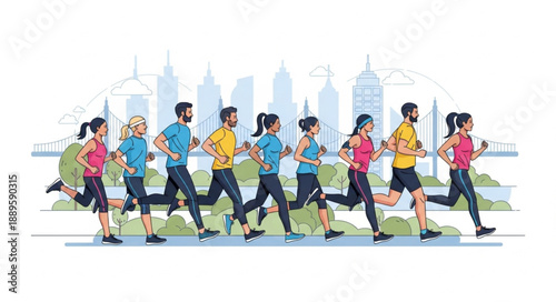 Diverse group of people running together in a city marathon event.