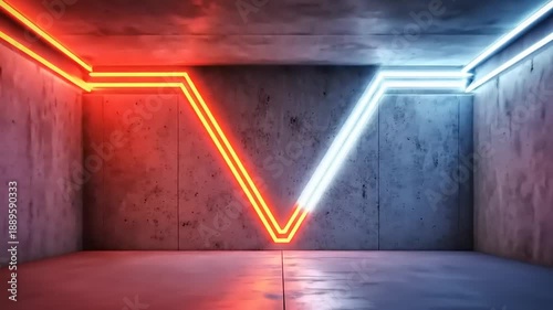 Concrete room with a glowing V and linear lights.  Red, orange, and blue hues