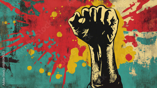A clenched fist with colorful paint splatters in an artistic display. A symbol of strength, unity, and defiance AI Generative