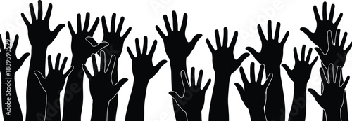 Silhouetted hands raised in unity, volunteering, activism, community support, diverse participation, protest, teamwork, equality, freedom, vote, help, engagement, solidarity