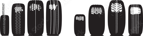 Set of black tire tracks and tire shapes in various sizes and patterns, vector illustration.