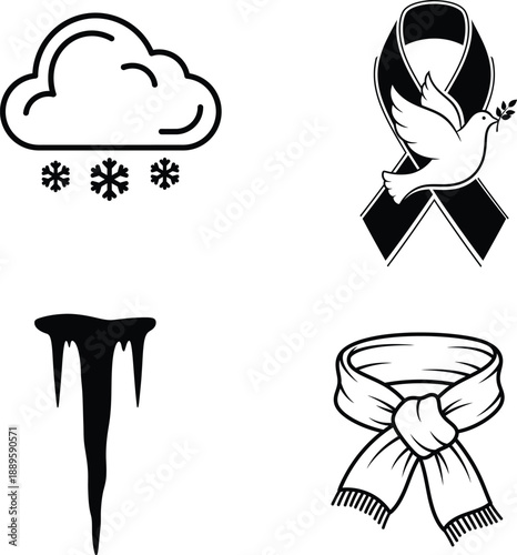 Winter elements and mourning symbols in simple black and white .