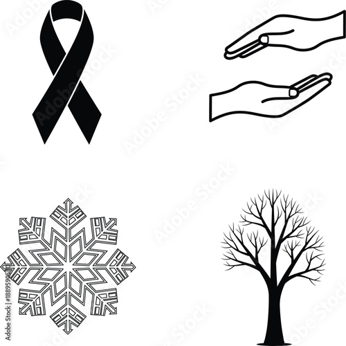 Black and white illustration of mourning symbols and winter elements .