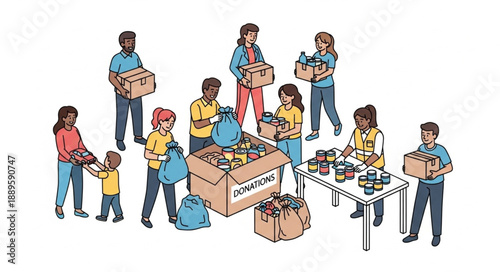 Diverse group of people working together to pack donations.