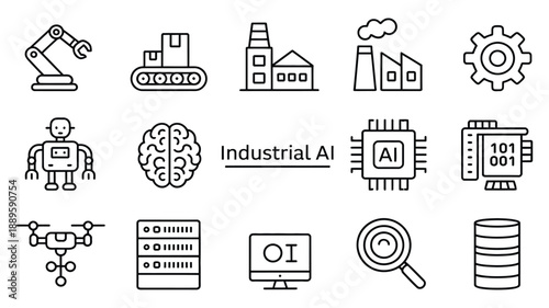 industrial artificial intelligence line icon set illustrating automation robotics smart manufacturing data processing machine learning and advanced industrial technology concepts.