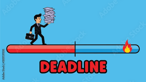 A cartoon businessman in a suit balancing on a deadline thermometer with papers and briefcase
