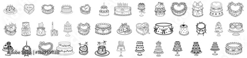 Cute cake set, hand drawn birthday and Valentine cakes collection, bakery dessert doodles