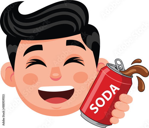 Happy cartoon boy holding soda can vector illustration with smiling face, playful flat character design for beverage advertising, kids branding, drinks marketing, and fun projects