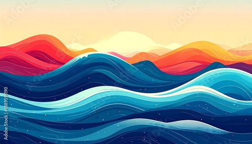 Vibrant ocean waves crash against colorful sunset mountain landscape