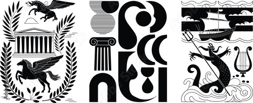 Set of three black and white illustrations featuring ancient Greek temple with winged horse, abstract geometric column symbols, and mythological sea monster holding trident.