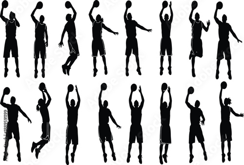 PrintBasketball player silhouette set, jumping shooting action poses, athlete movement icons, black vector illustration, sport training collection design, elements, graphics
