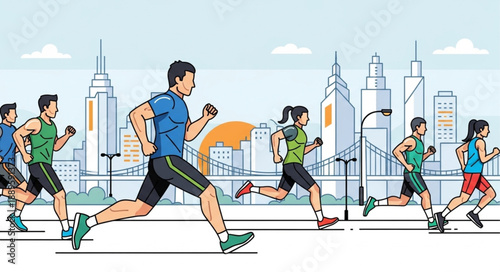 Diverse group of people running in a city marathon event.