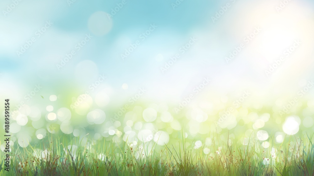 Obraz premium Spring green field with easter sky and sun in soft pastel colors, blurred bokeh background illustration showing nature holiday mood, seasonal landscape concept for celebration design