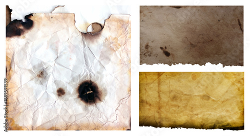 Collection of aged and burnt paper textures with rough edges