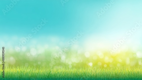 Spring green field with easter sky and sun in soft pastel colors, blurred bokeh background illustration showing nature holiday mood, seasonal landscape concept for celebration design