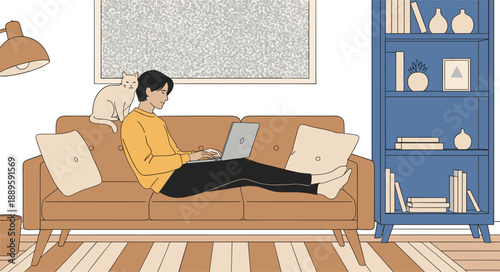 Modern home office lifestyle vector illustration of woman working on laptop on sofa with cat, cozy living room interior scene for remote work and freelance concepts