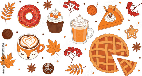 Autumn cozy food and drink elements vector illustration set with pumpkin pie, coffee, donuts, leaves, and fall desserts for seasonal design projects
