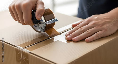 Close up of a person using a tape dispenser to seal a brown cardboard package for moving or mailing