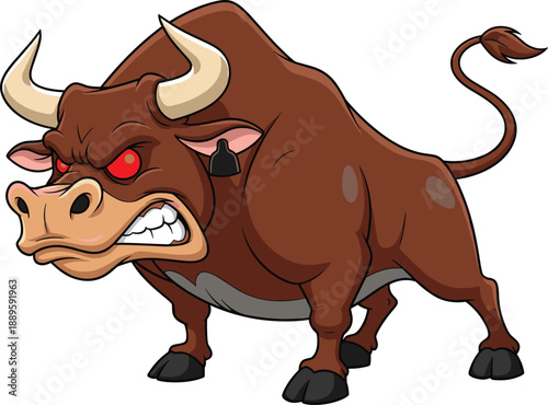 Angry cartoon bull illustration, fierce farm animal character with red eyes and horns, aggressive mascot design for logo game and sports vector art