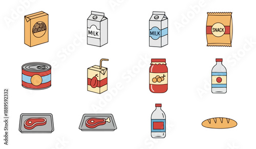 Assortment of food and beverages in illustrated style