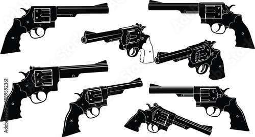 Revolver handgun silhouettes vector set in vintage style, black weapon outline collection for western, history, crime, poster, and graphic design projects