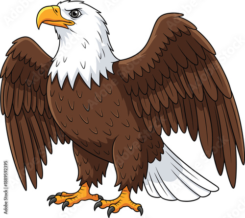 Cartoon bald eagle illustration, majestic bird of prey with spread wings standing proud, patriotic wildlife mascot for logo emblem education and vector design
