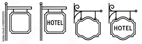 Decorative hotel sign sketches set, vintage hanging hotel signage collection