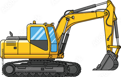 Yellow excavator construction machine vector illustration in side view, detailed heavy equipment design for building, engineering, industry, and infrastructure projects