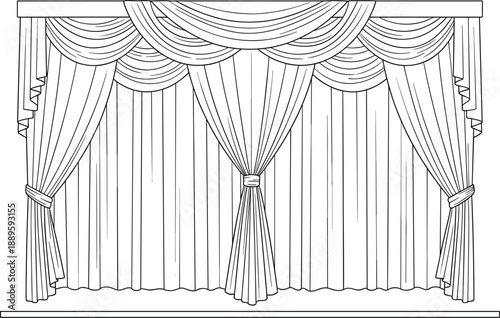 Theater stage curtains line art vector illustration with elegant drapery folds, classic performance backdrop outline design for events, opera, drama, and vintage decor projects