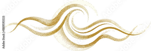 Golden flowing wavelike lines composed of dotted texture on a white background