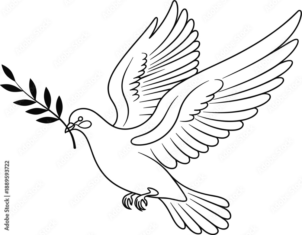 Obraz premium Dove with olive branch line art vector illustration, symbolic peace bird outline design for religion, spirituality, tattoo, logo, and minimal graphic projects