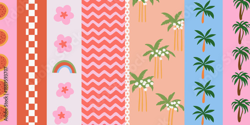 A vibrant and colorful pattern featuring tropical fruits plants and geometric shapes